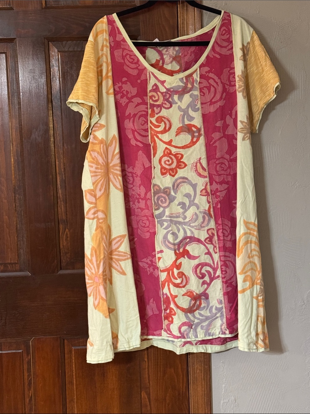 Winter Sun Modern Pink, Cream & Orange Floral Panel Short-Sleeve Tunic